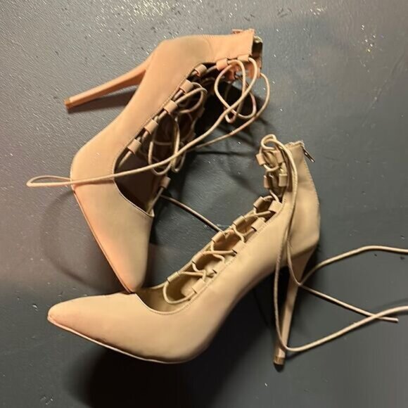 Size 10 Custom Taupe Champagne Charlotte Russe Glitter Ankle Wrap Stilettos - Picture 4 of 7